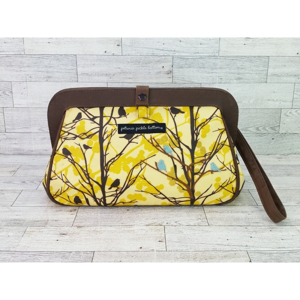Petunia Pickle Bottom Diaper Bag Wristlet Pouch Yellow Birds Trees Nature